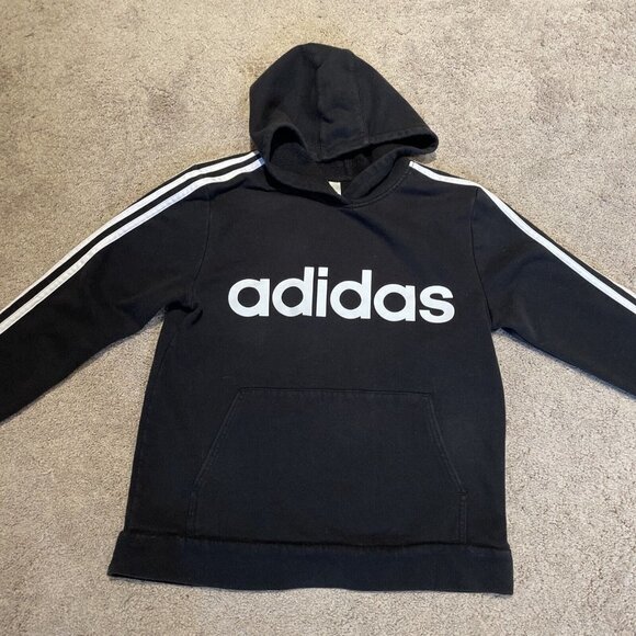 ADIDAS Boys Signature HoodieSweatshirt  Sz Large 14/16 Black with White Stripes - Picture 2 of 11